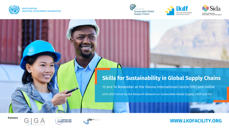 Banner of the next UNIDO Conference with two employees of the industry