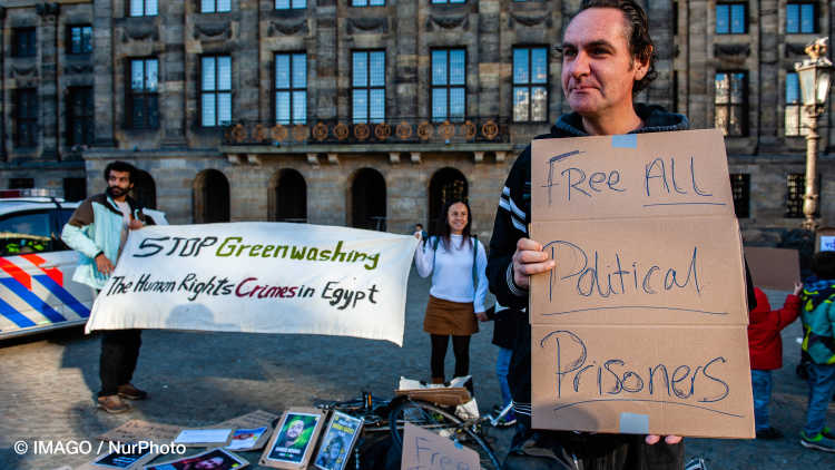 Demonstration Against Greenwashing The Human Rights Crisis In Egypt, People gathered in Amsterdam during the COP27 in Egypt, and in support of Alaa Abd El-Fattah, a British-Egyptian author, who has been a prisoner of conscience for the past 9 years.