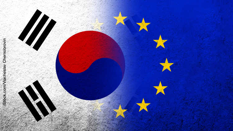 Flagge der Europäischen Union mit Nationalflagge von Südkorea.