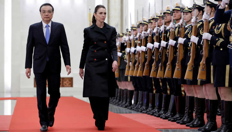 Prime Ministers of China and New Zealand at the Great Hall of the People in Beijing.