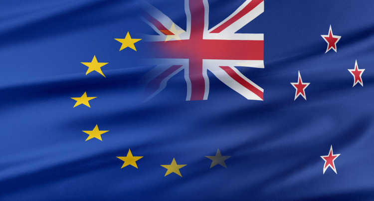 The European and New Zealand flags.