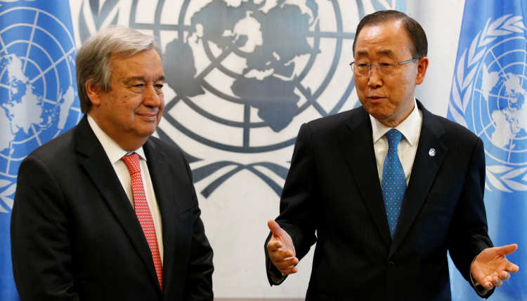 Secretary General-designate Antonio Guterres of Portugal and U.N. Secretary General Ban Ki-moon at the U.N. headquarters in New York City