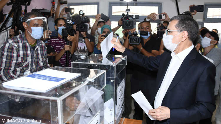 Saadeddine El Othmani, Moroccan prime minister and secretary general of Morocco's Justice and Development Party, casts a vote at a polling station in Rabat, Morocco, Sept. 8, 2021. 