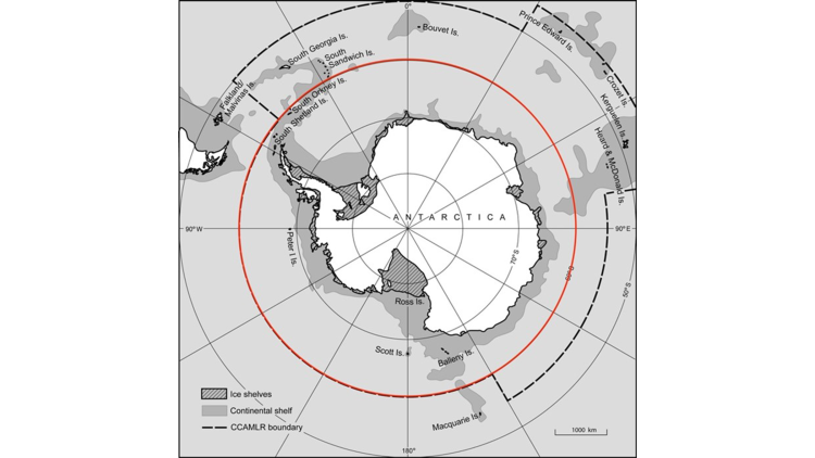 Die Antarktis mit dem Gebiet südlich des 60. südlichen Breitengrades (rot markiert)