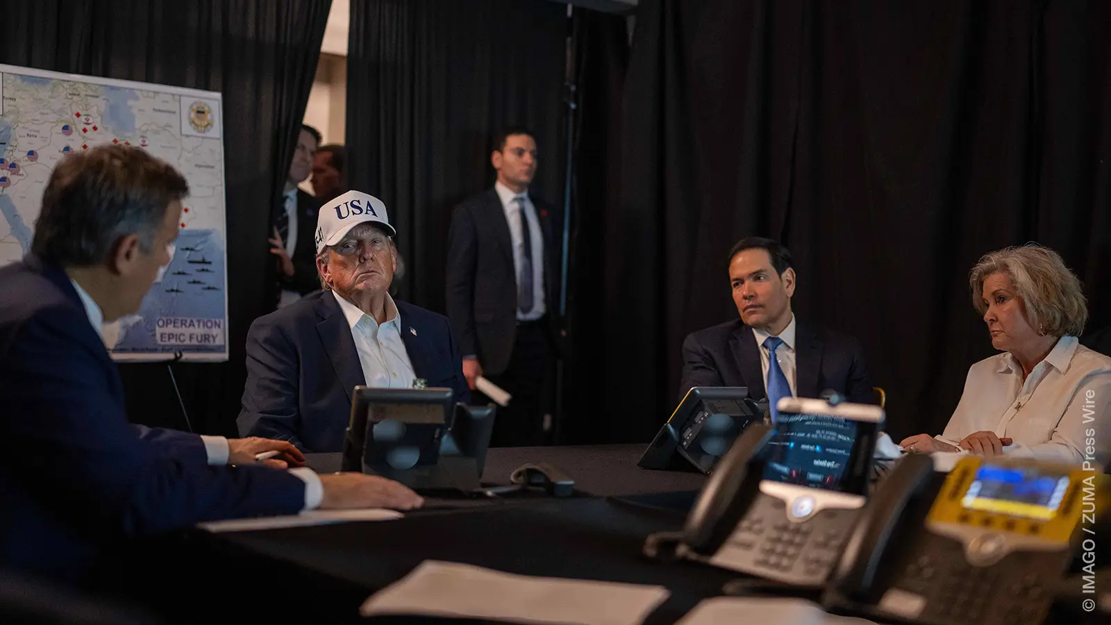 U.S. President Donald Trump, 2nd left, meets with his advisors after launching Operation Epic Fury targeting Iran his resort of Mar-a-Lago, February 28, 2026 in Palm Beach, Florida. Palm Beach United States of America