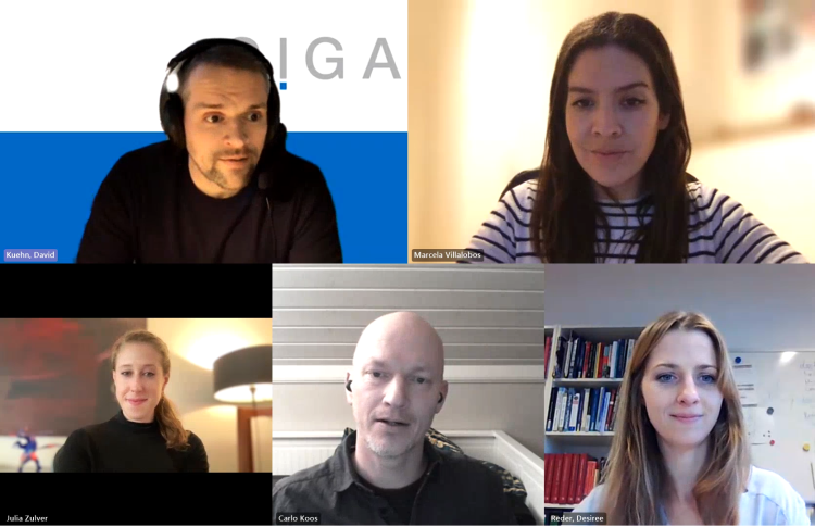 Screenshot of the GIGA Forum Webinar. David Kuehn, Marcela Villabos, Julia Zulver, Carlo Koos, and Désirée Reder on display.