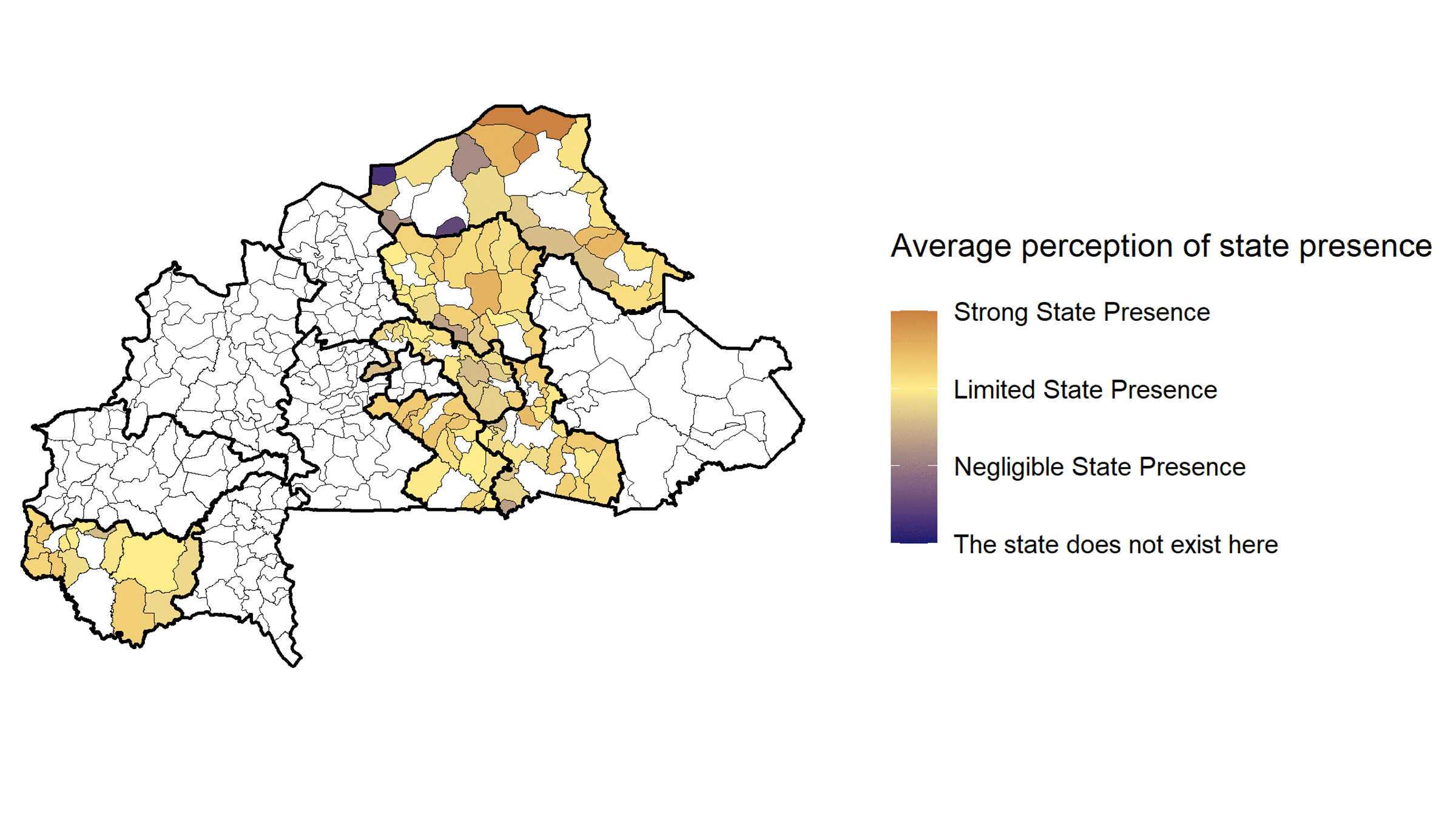 Karte von Burkina Faso mit der wahrgenommenen staatlichen Präsenz, 2019.