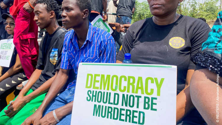 Supporters of the Peoples Democratic Party (PDP) protest at the national headquarters of the Independent National Electoral Commission (INEC) to disapprove the outcome of the February 25 election result in Abuja, Nigeria March 6, 2023.