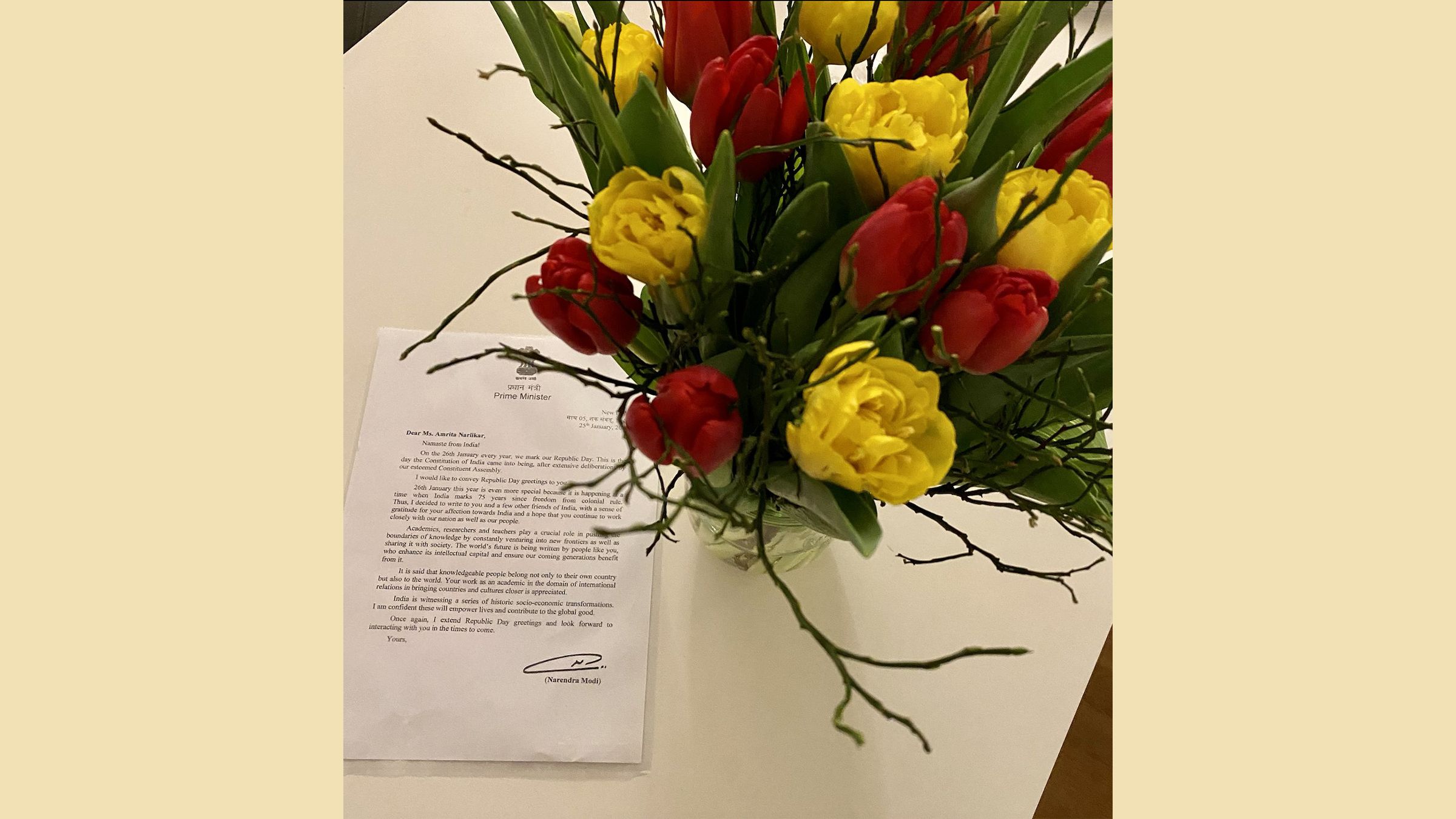 GIGA-Präsidentin Professor Amrita Narlikar erhält persönliche Glückwünsche zum Tag der Republik von Indiens Premierminister Modi  