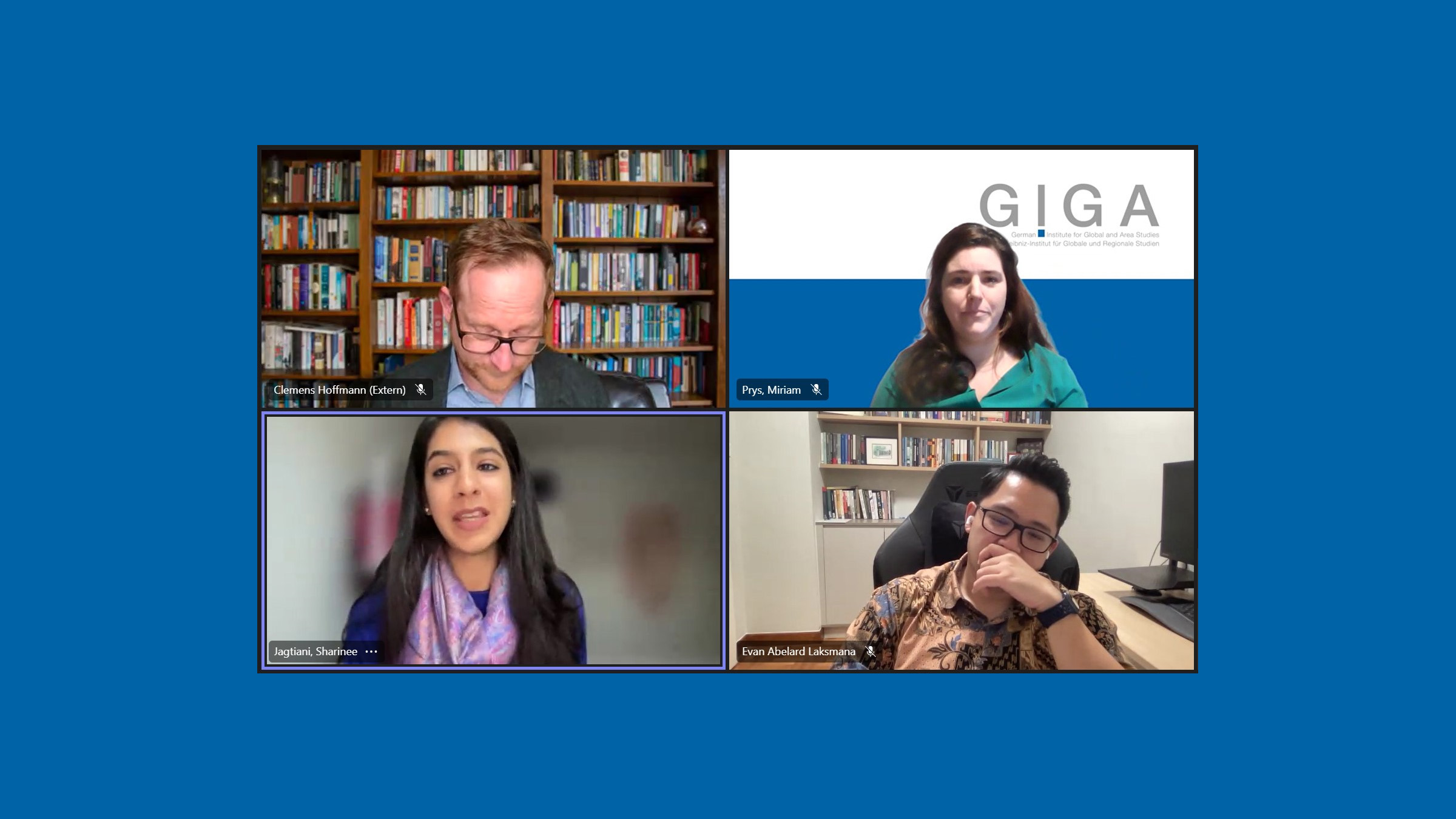Screenshot vom GIGA Forum "The Global Politics of Status: India, Turkey, and Indonesia at the G20 Summit and Beyond" Sprecher von links nach rechts: Dr. Clemens Hoffmann, Dr. Miriam Prys-Hansen, Dr. Sharinee Jagtiani and Dr. Evan A. Laksmana