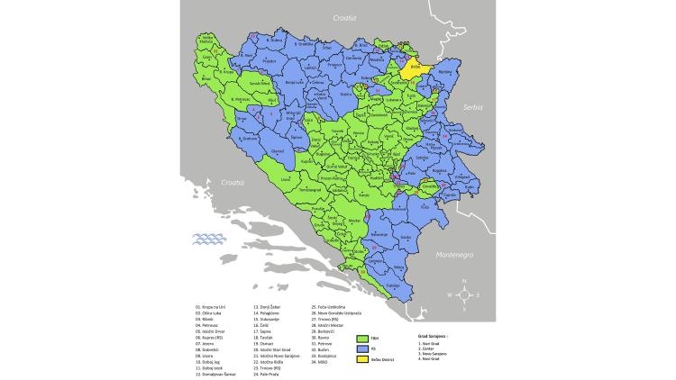 Map of Bosnia-Herzegovina after the War in 1995, a country divided between three entities – the Bosnian-Croat Federation (Federacija Bosne i Hercegovine, FBiH), the Serb Republic (Republika Srpska, RS), and the District of Brčko (Distrikt Brčko) 