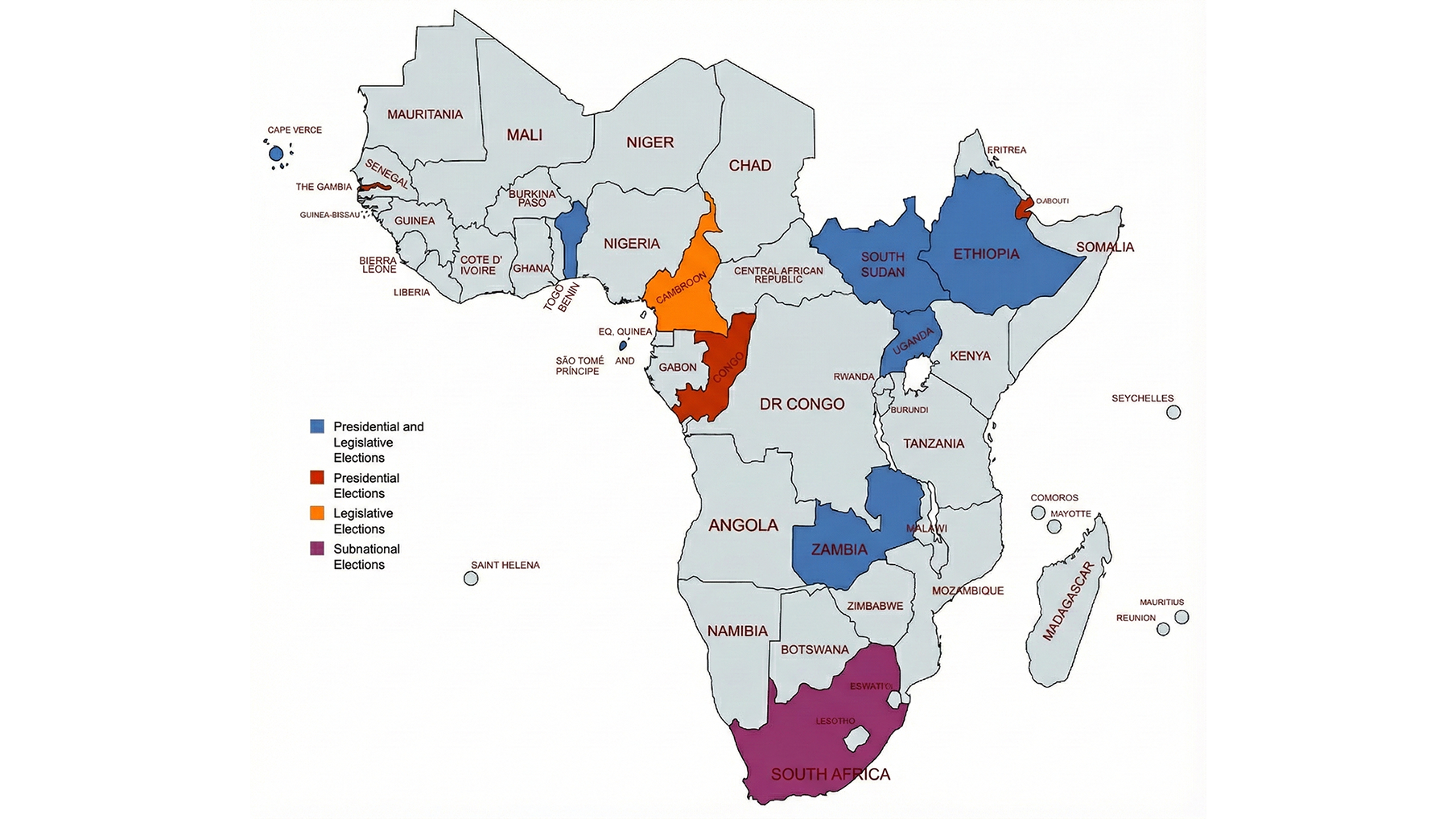The year 2026 will feature several decisive elections across sub-Saharan Africa. The map of Africa shows where elections will be held.