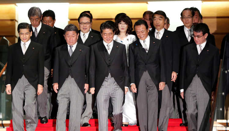 Group picture of the cabinet of Japan's Prime Minister Abe.