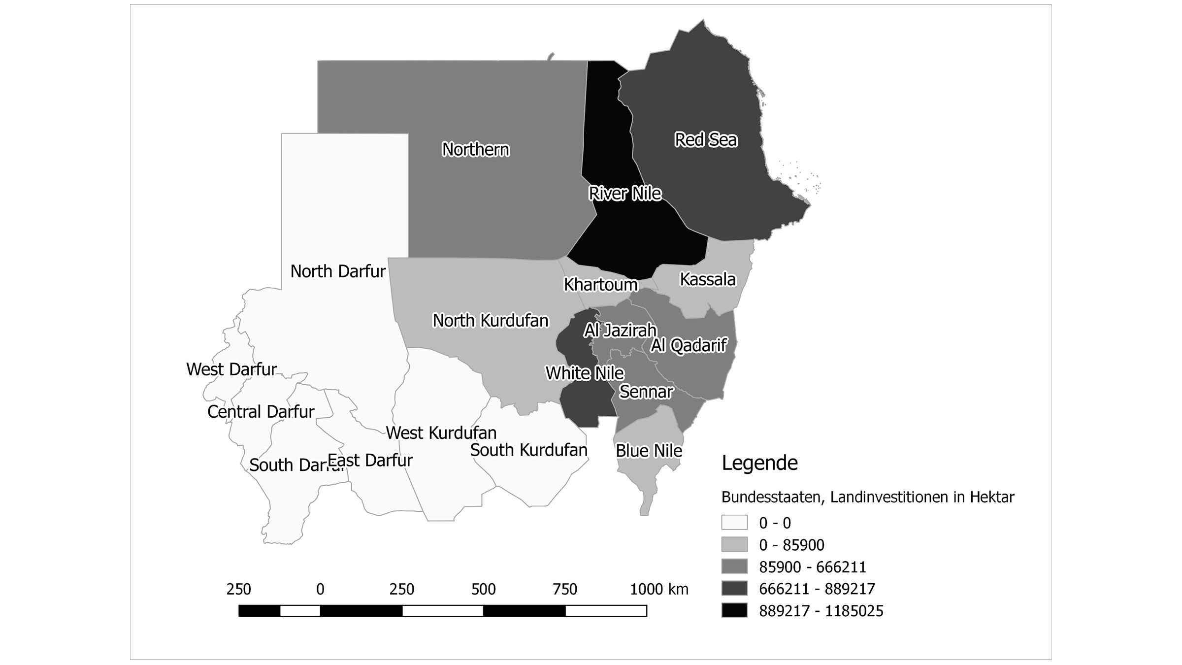 Grafik Landinvestitionen 2011-2017 per Region im Sudan