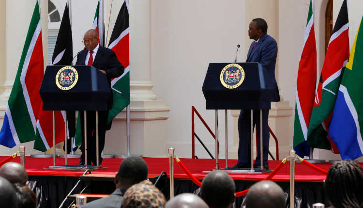 The Presidents of Kenya and South Africa at a press conference during a meeting.