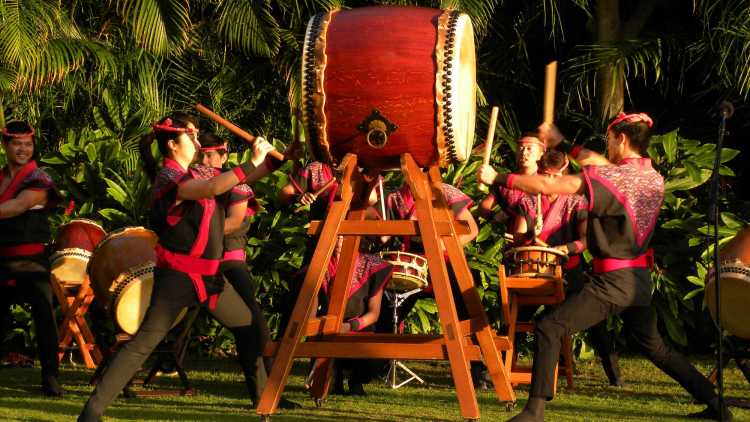 The Kenny Endo Taiko Ensemble during the opening ceremony of AAS/ICAS 2011 in Honolulu, Hawaii.