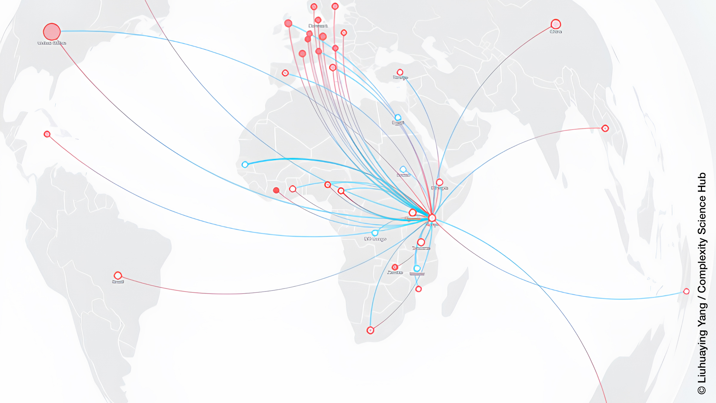 Who studies whom? Red lines indicate source countries; blue ones depict destination countries. The project analysed 49,000 publications focused on the SDGs, identifying where each originated from.