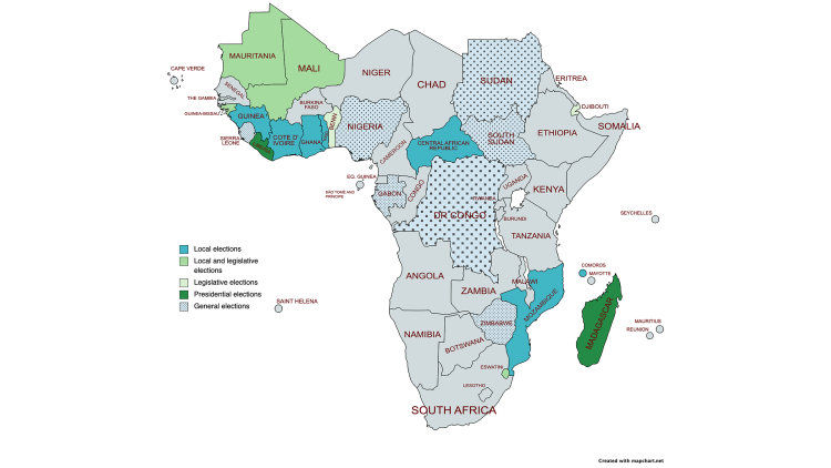 Map of Africa showing all elections in 2023 in the states.