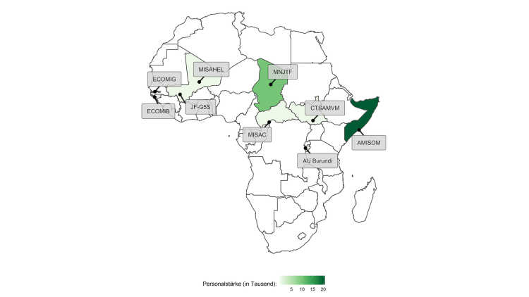 Karte von Afrika, die die Personalstärke bei regionalen Einsätzen in Afrika zeigt.