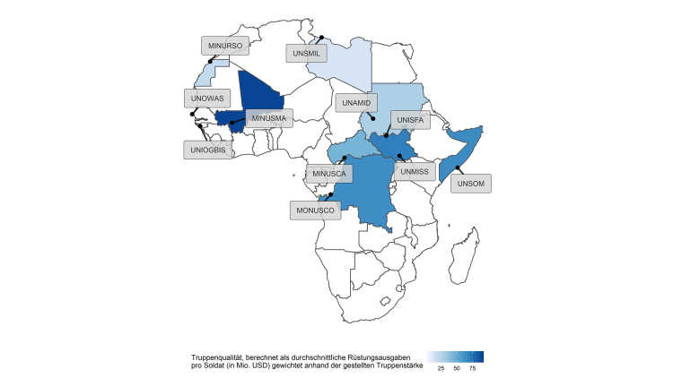 Karte von Afrika, die Truppenqualität bei Friedenseinsätzen und politischen Missionen der Vereinten Nationen in Afrika zeigt. 