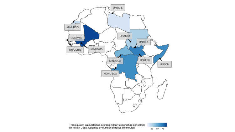Map of Africa showing troop quality in United Nations peace operations and political missions in Africa. 