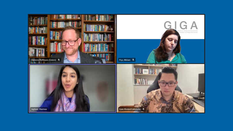 Screenshot vom GIGA Forum "The Global Politics of Status: India, Turkey, and Indonesia at the G20 Summit and Beyond" Sprecher (links nach rechts): Dr. Clemens Hoffmann, Dr. Miriam Prys-Hansen, Dr. Sharinee Jagtiani and Dr. Evan A. Laksmana