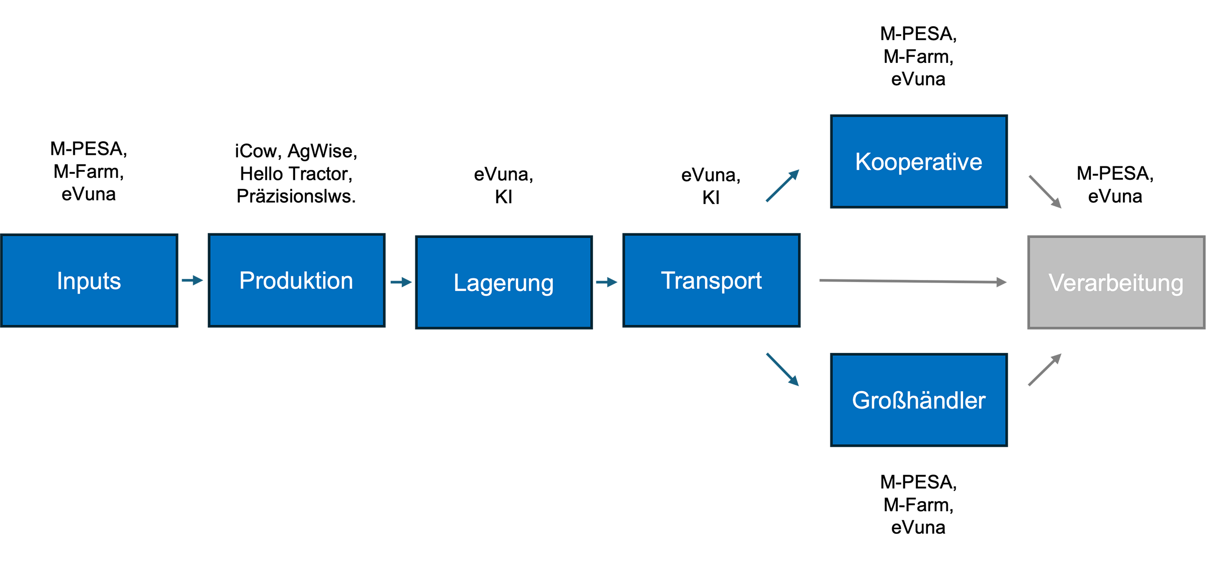 Die im Agrarsektor eingesetzten digitale Technologien bieten das Potenzial, die Effizienz entlang der landwirtschaftlichen Wertschöpfungskette zu verbessern und Hindernisse zu überwinden.
