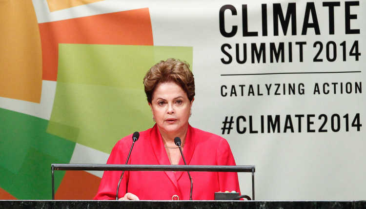 Brazilian President Dilma Rousseff at the lectern at the 2014 Climate Summit in New York.