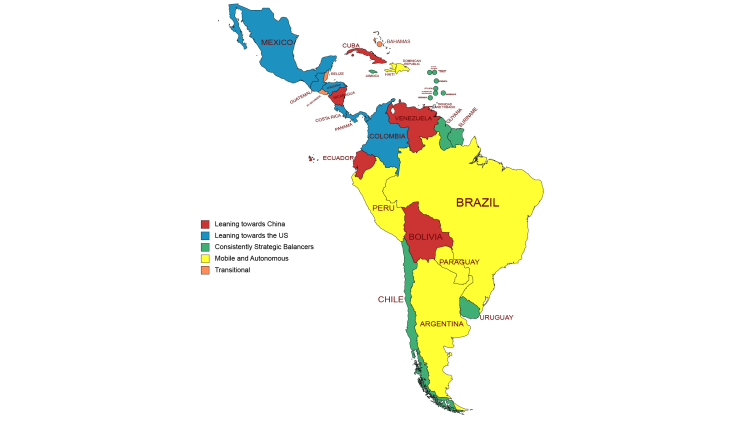 Map of Middle and Southern America, showing LAC Countries’ UNGA Voting Behaviour regarding China and the US, 2001–2023