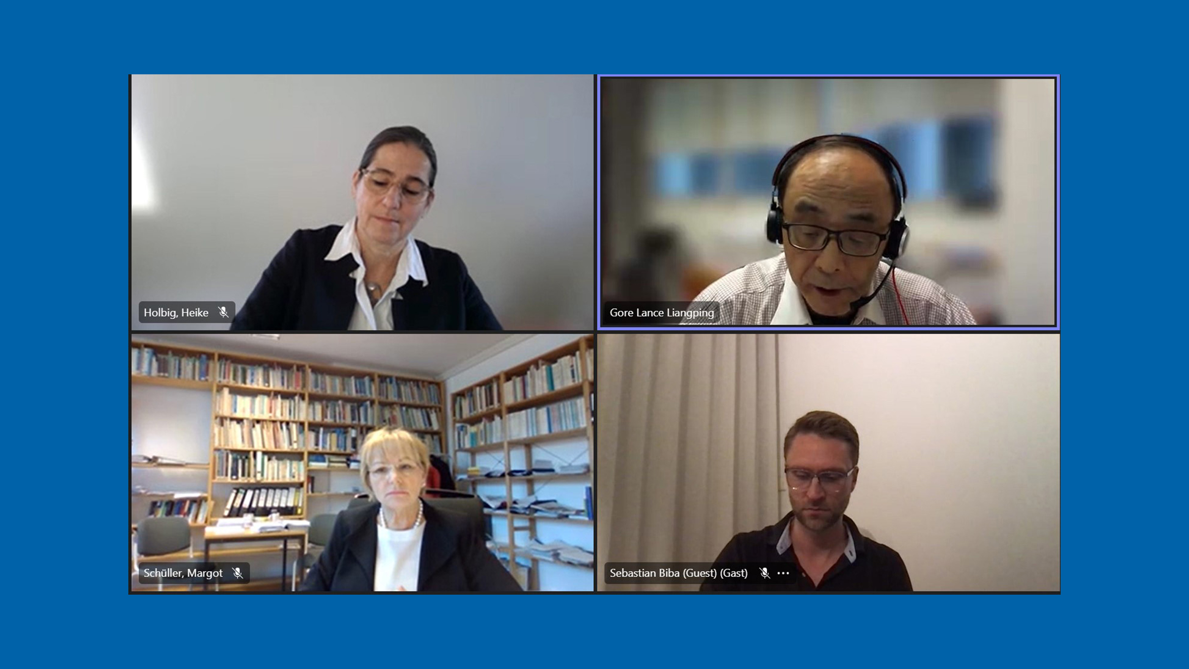 Screenshot des GIGA Forum "Making China Great Again? [...]", Sprecher, von links nach rechts und von oben nach unten: Heike Holbig, Lance Liangping Gore, Margot Schüller, Sebastian Biba