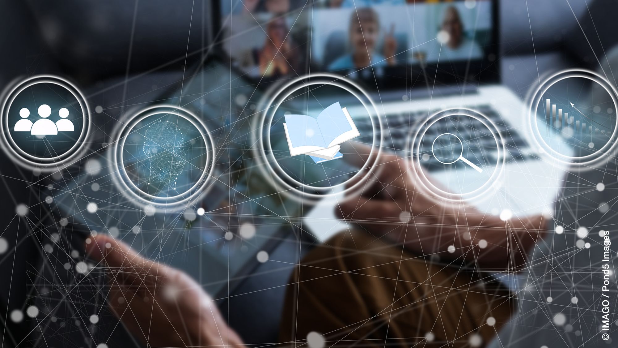 Internet of Things IoT, digital marketing, online shopping concept, laptop with internet network connection, social media, technology icons on virtual screen. 