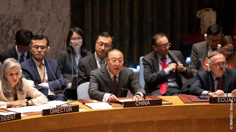 Zhang Jun (C, front), China`s permanent representative to the UN, gives an explanation of the vote after the UN Security Council voting on a draft resolution regarding the conflict between Israel and Palestine at UN headquarters in New York, 25 Oct 2023.