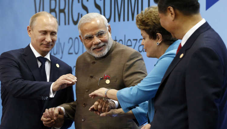 India's Prime Minister Narendra Modi with other heads of state at the BRICS Summit in Brazil.
