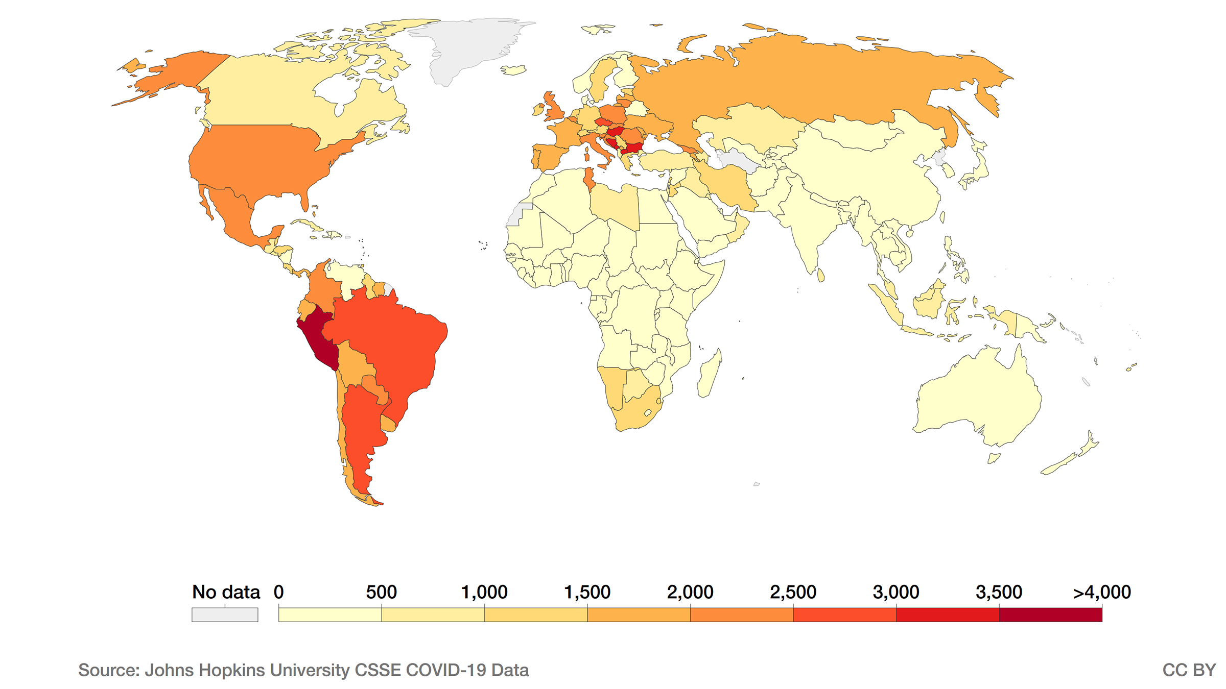 Karte der kumulativen bestätigten COVID-19-Todesfälle pro Million Menschen,19 Oktober 2021.