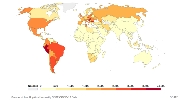 Karte der kumulativen bestätigten COVID-19-Todesfälle pro Million Menschen,19 Oktober 2021.