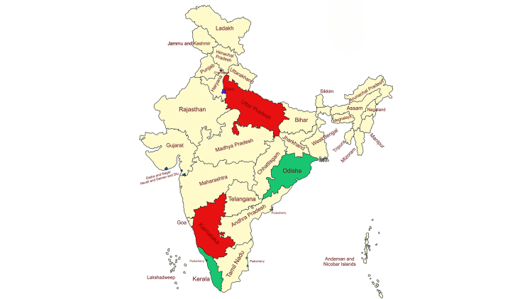 Map of India Highlighting the Four Analysed Cases of Uttar Pradesh, Odisha, Karnataka, and Kerala.
