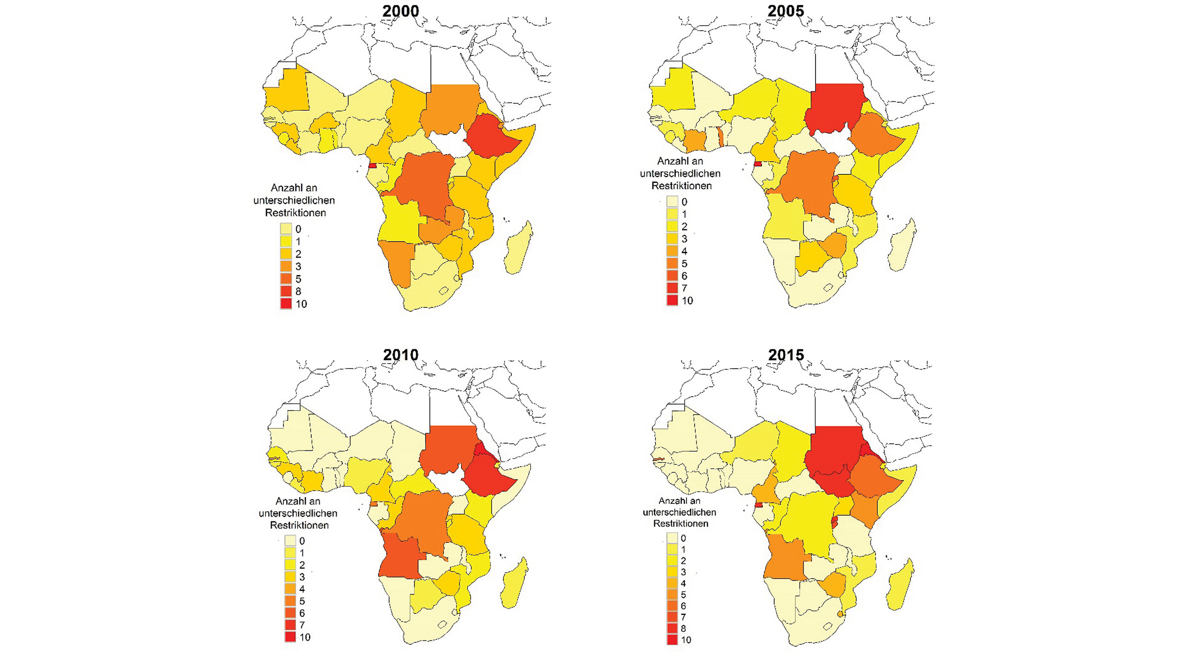 Vier Karten zeigen regionale Trends bei Beschränkungen in den afrikanischen Ländern südlich der Sahara, 2000-2015