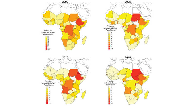 Vier Karten zeigen regionale Trends bei Beschränkungen in den afrikanischen Ländern südlich der Sahara, 2000-2015