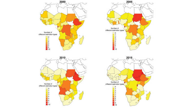 Four maps showing Regional Trends in Restrictions across Sub-Saharan African Countries, 2000–2015