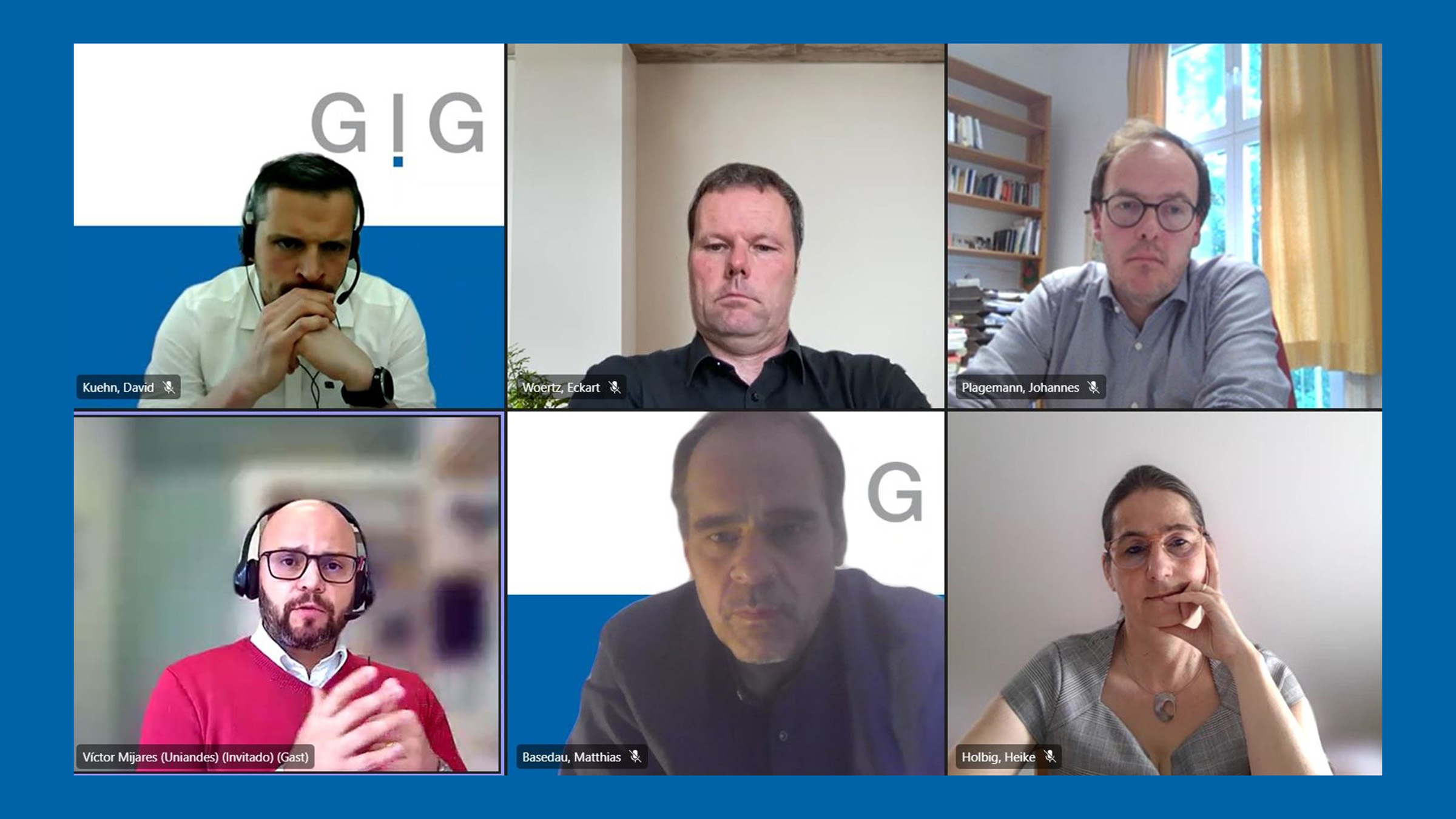 Panelists from left top to right bottom. David Kühn, Eckart Woertz, Johannes Plagemann, Victor Mijares, Matthias Basedau and Heike Holbig