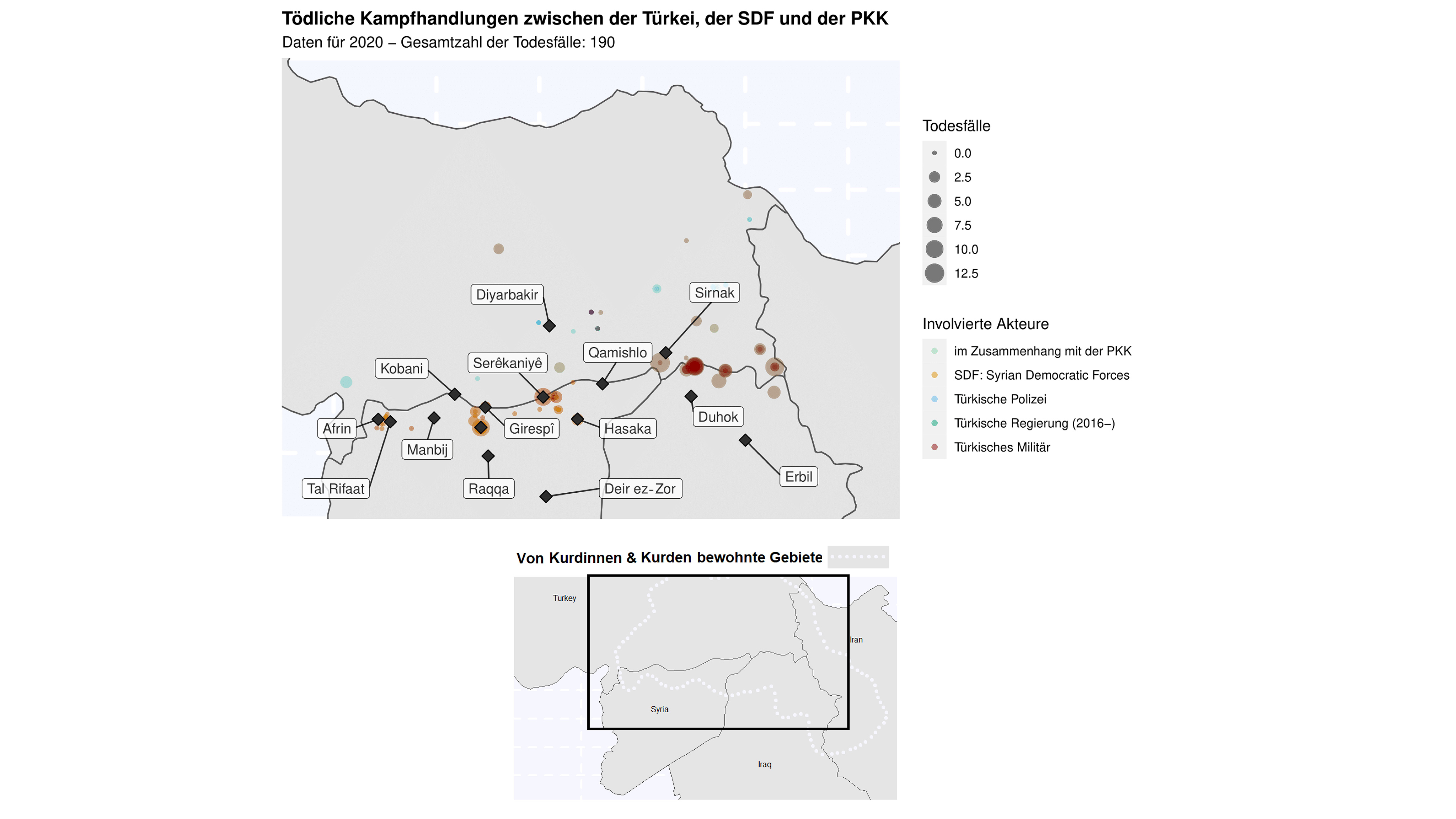 Karte, die Akteure und Todesfälle im türkischen Konflikt mit der SDF und der PKK im Jahr 2020 zeigt.