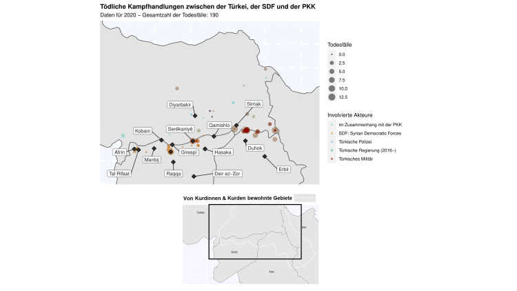 Karte, die Akteure und Todesfälle im türkischen Konflikt mit der SDF und der PKK im Jahr 2020 zeigt.