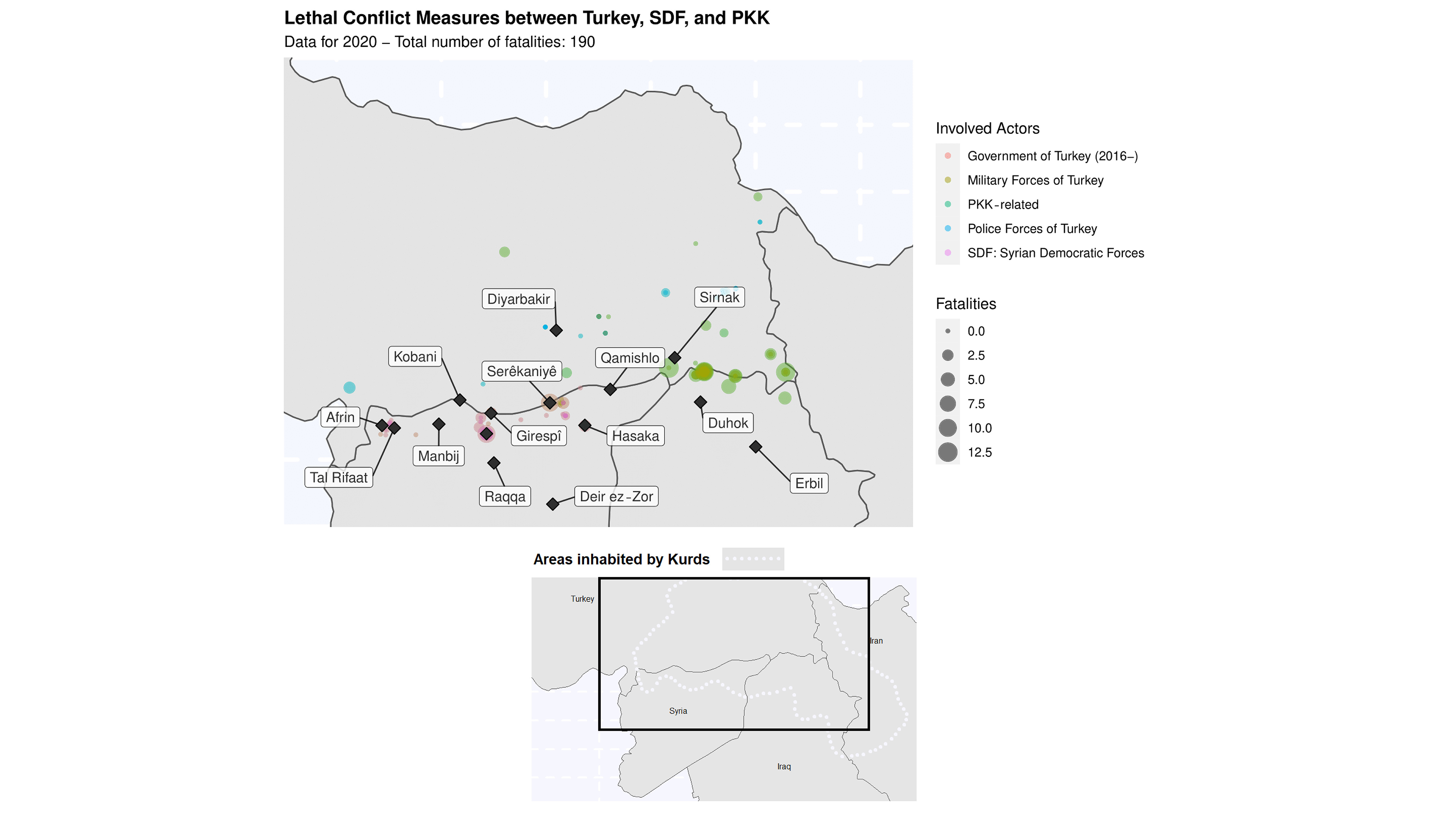 Map showing Actors and Fatalities in the Turkish Conflict with the SDF and PKK.