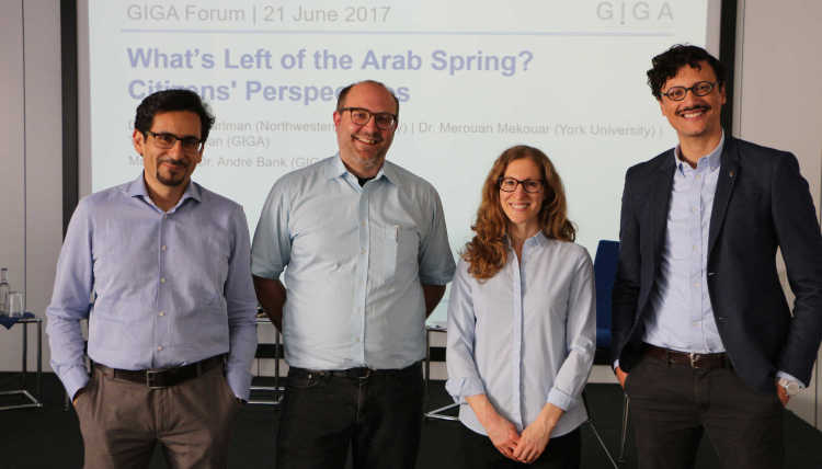 From left to right: Yazan Doughan, Dr. André Bank, Dr. Wendy Pearlman, Dr. Merouan Mekouar