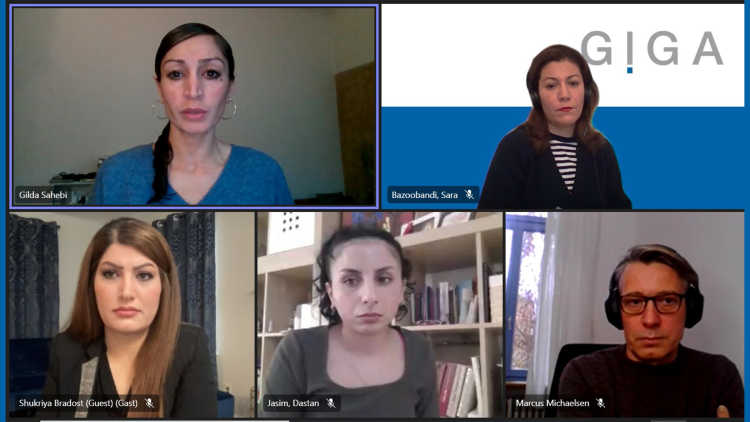 Screenshot der Online-Veranstaltung mit folgenden Sprechern (links nach rechts) Gilda Sahebi, Sara Bazoobandi, Shukriya Bradost, Dastan Jasim, Marcus Michaelsen
