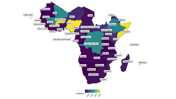 Map of Africa showing Conflict Fatalities in Sub-Saharan Africa in 2023