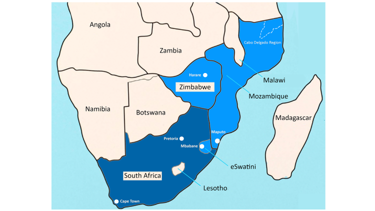 Map shows the countries of Southern Africa, which increasingly suffers from multiple crises, most notably in neighbouring Zimbabwe, the brutal crackdowns on protesters in eSwatini, and the jihadist insurgency in Mozambique’s Cabo Delgado region.