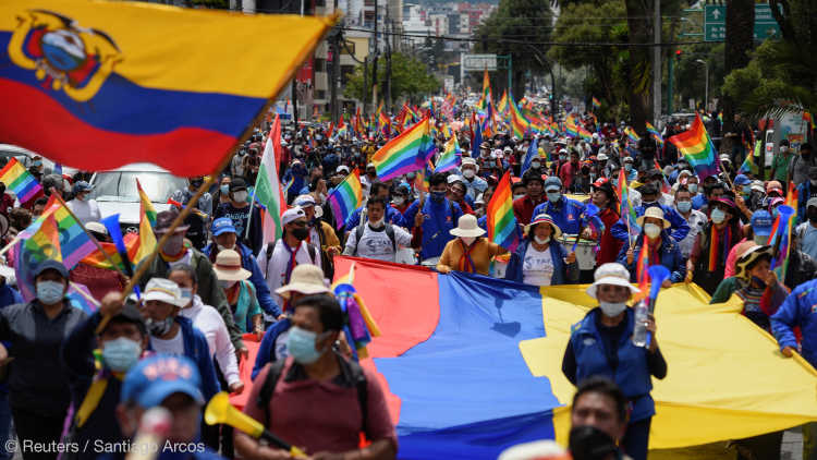 Members of indigenous communities and supporters of Ecuador's presidential candidate Yaku Perez march in Quito, Ecuador