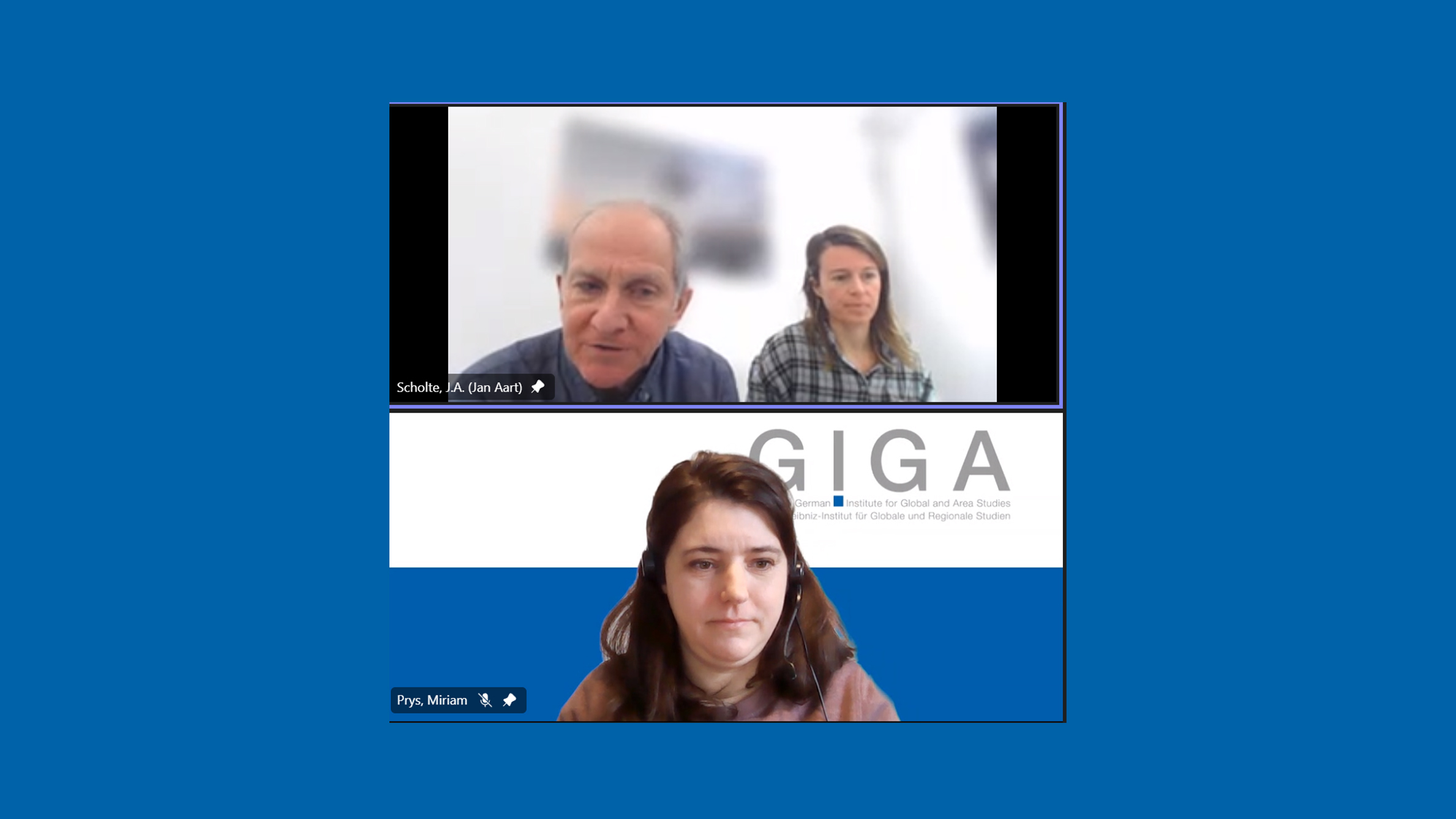 Screenshot of event "Citizens, Elites, and the Legitimacy of Global Governance", Ass. Prof. Dr. Soetkin Verhaegen, Prof. Dr. Jan Aart Scholte and Dr. Miriam Prys-Hansen on display.