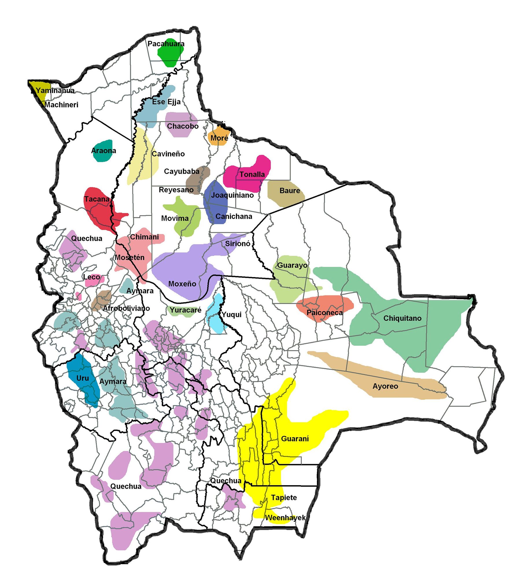 Grafik Indigene Völker Boliviens und ihre Siedlungsgebiete (unterteilt nach ­Sprachen), 2006